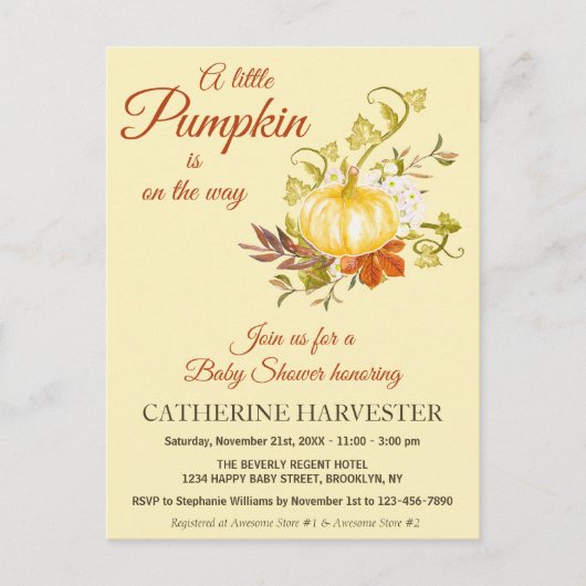 Little Pumpkin Rustic Fall Baby Dusche Einladung Postkarte (Vorderseite)