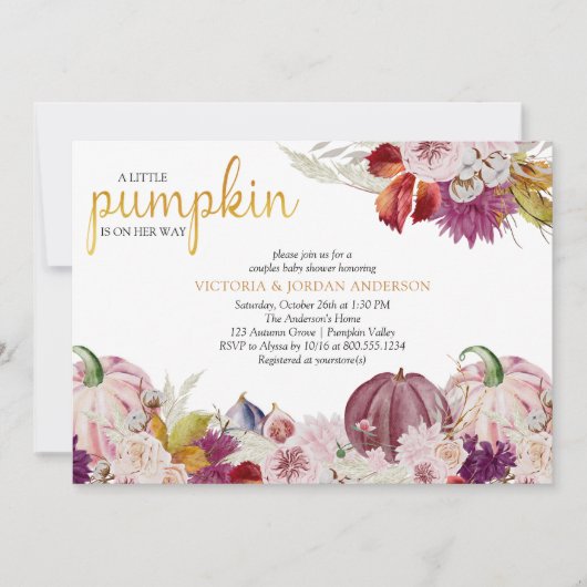 Little Pumpkin Rustic Floral Couples Baby Dusche Einladung (Vorderseite)