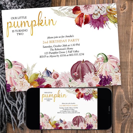 Little Pumpkin Rustic Floral Girls Geburtstag Einladung
