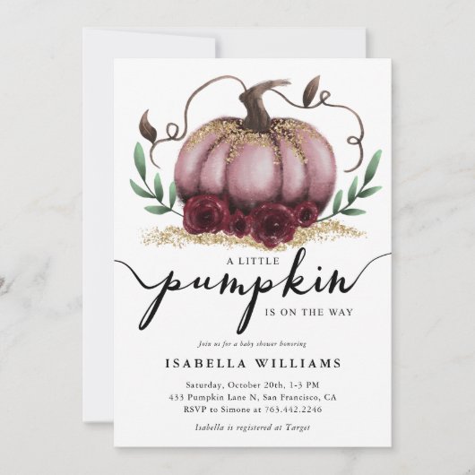 Little Pumpkin Rustic Pink Gold Baby Dusche Einladung (Vorderseite)