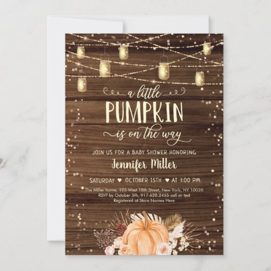 Little Pumpkin Rustic String Lights Babydusche Einladung (Vorderseite)