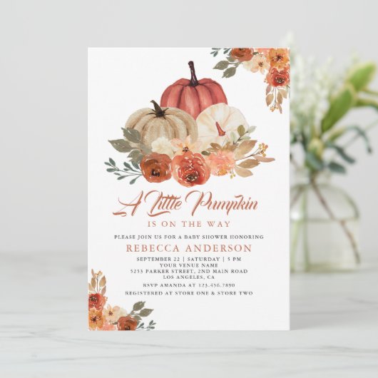 Little Pumpkin Rustic Terracotta Babydusche Einladung (Stehend Vorderseite)