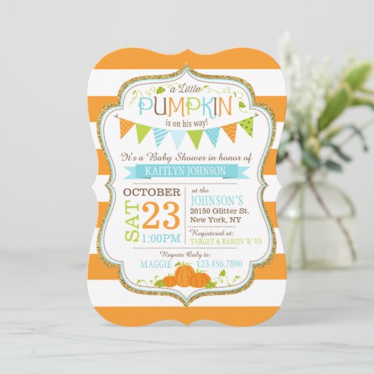 Little Pumpkin Stripe Print Baby Dusche Einladung (Stehend Vorderseite)