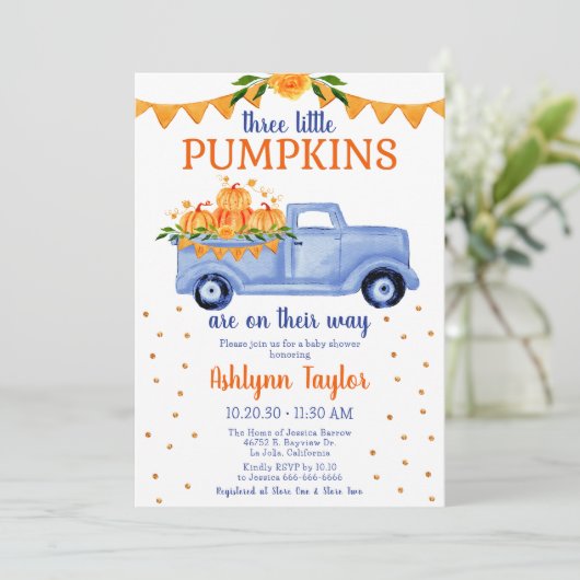 Little Pumpkin Triplet Boy Baby Dusche Einladung (Stehend Vorderseite)