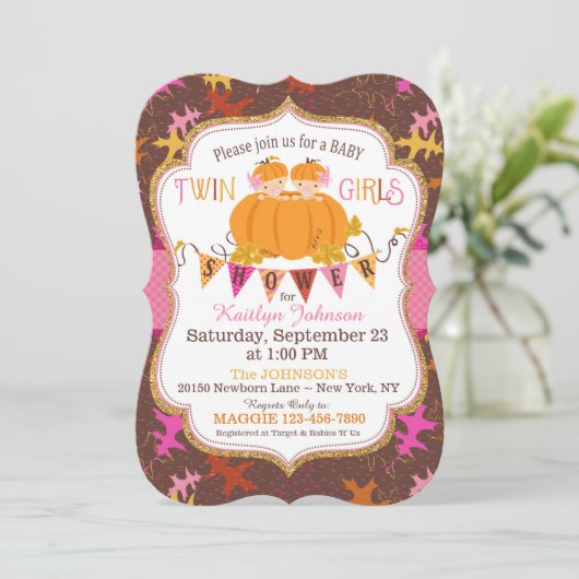 Little Pumpkin Twin Girls Herbstlaubs Kinderdusche Einladung (Stehend Vorderseite)