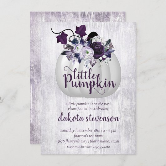 Little Pumpkin | Violet Lila Rustikale Babydusche Einladung (Vorne/Hinten)