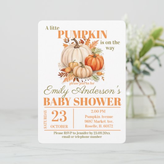 Little Pumpkin Watercolor Babydusche Einladung (Stehend Vorderseite)