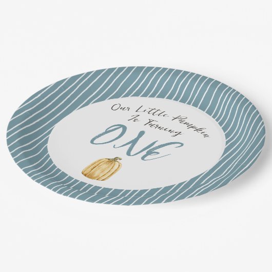 Little Pumpkin Watercolor Blue Birthday Party Pappteller (Schrägansicht)