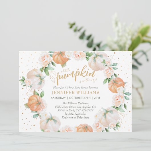 Little Pumpkin Watercolor Gold Baby Dusche Einladung (Stehend Vorderseite)