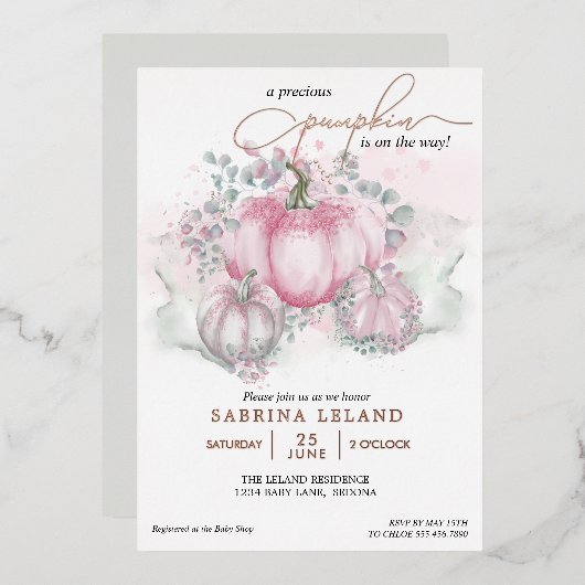 Little Pumpkin Watercolor Pink Girl Baby Dusche Folieneinladung (Vorderseite/Rückseite)