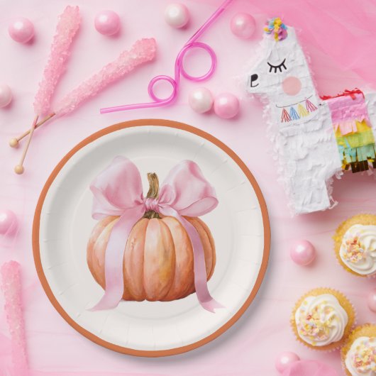 Little Pumpkin with Pink Bow - Babydusche Pappteller (Party)