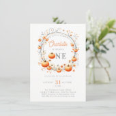 Little Pumpkin Wreath Frame Girly 1. Geburtstag Einladung (Stehend Vorderseite)