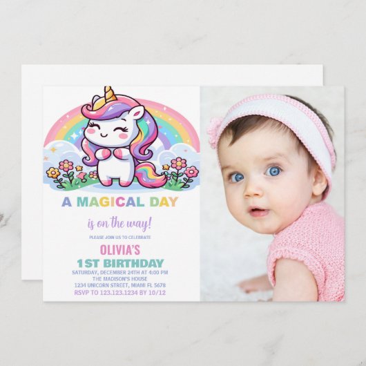 Little Rainbow Unicorn Birthday Einladungen Foto (Vorne/Hinten)