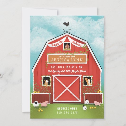 Little Red Barn Farm Birthday Party Einladung (Vorderseite)