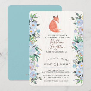 Little Red Fox Blue Floral Baby Dusche Einladung