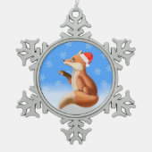 Little Red Fox mit Weihnachtsmannmütze Schneeflocken Zinn-Ornament (Vorderseite)