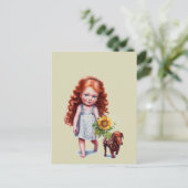 Little Red Head Girl Walking Dackel Postcard Postkarte (Stehend Vorderseite)