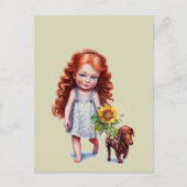 Little Red Head Girl Walking Dackel Postcard Postkarte (Vorderseite)