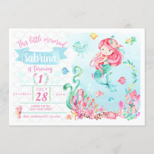 Little Red Head Mermaid Birthday Einladung