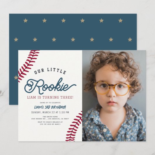 Little Rookie Baseball Boy Birthday Foto Einladung (Vorne/Hinten)
