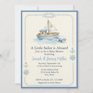 Little Sailor Aboard Blue Baby Shower Invitation Einladung