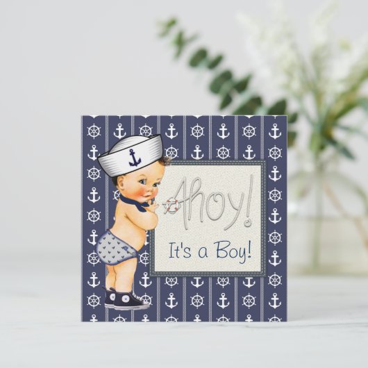 Little Sailor Boy Nautical Baby Shower Einladung (Stehend Vorderseite)