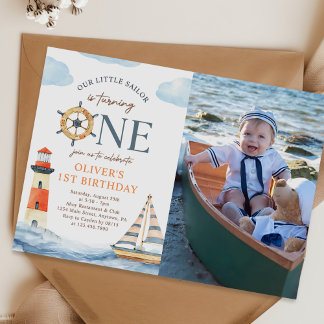 Little Sailor Nautical Blue 1. Geburtstag Foto Einladung