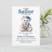 Little Sailor Nautical Blue Bear Boy Baby Dusche Einladung (Stehend Vorderseite)
