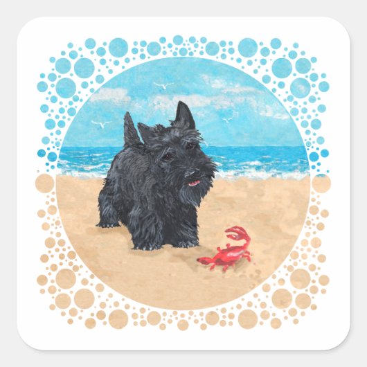 Little Scottie findet einen Krabben am Strand Quadratischer Aufkleber (Vorderseite)