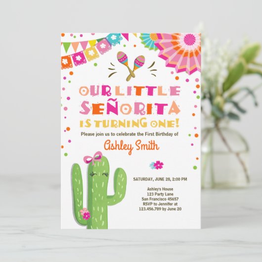 Little Senorita Fiesta Cactus Pink Erster Geburtst Einladung (Stehend Vorderseite)