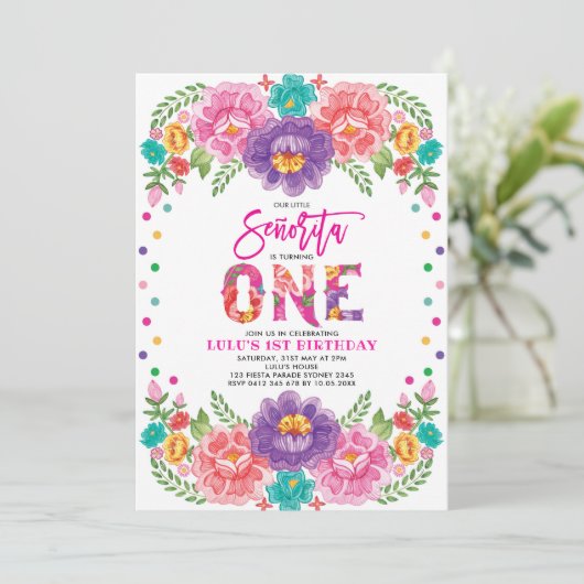 Little Senorita Mexican Fiesta Floral 1. Geburtsta Einladung (Stehend Vorderseite)