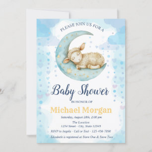 Little Sheep Moon Hearts Blue Baby Dusche Einladung