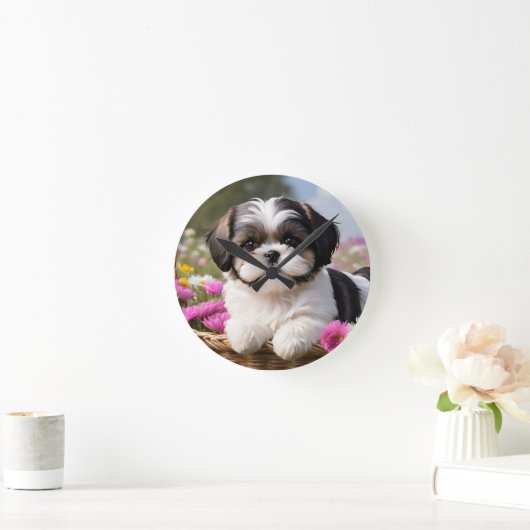 Little Shih Tzu Puppy-Basket-Blume Runde Wanduhr (Zuhause)