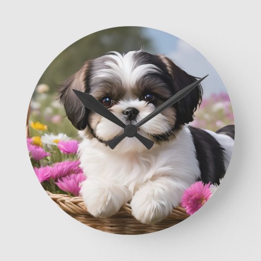 Little Shih Tzu Puppy-Basket-Blume Runde Wanduhr (Vorderseite)
