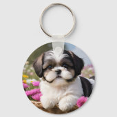 Little Shih Tzu Puppy-Basket-Blume Schlüsselanhänger (Vorderseite)