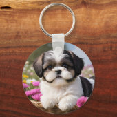Little Shih Tzu Puppy-Basket-Blume Schlüsselanhänger (Rückseite)