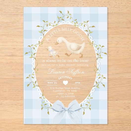 Little Silly Goose Baby Shower Blue Gingham Acryleinladungen (Vorderseite)