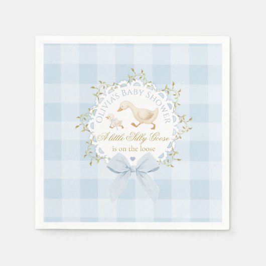Little Silly Goose Blue Gingham Baby Shower Serviette (Vorderseite)