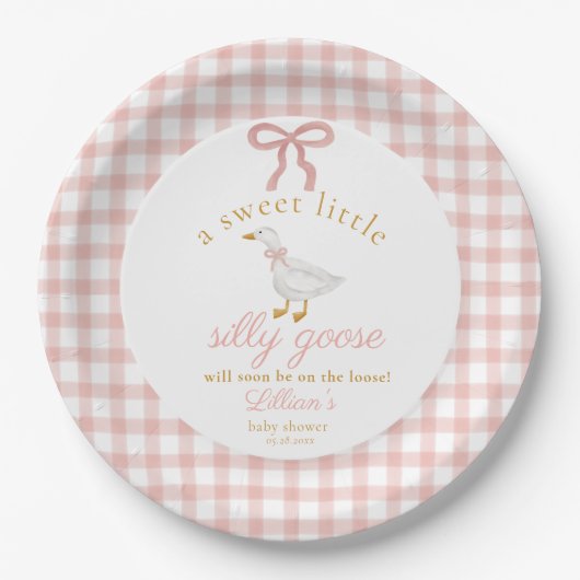 Little Silly Goose Blush Pink Gingham Baby Shower  Pappteller (Vorderseite)