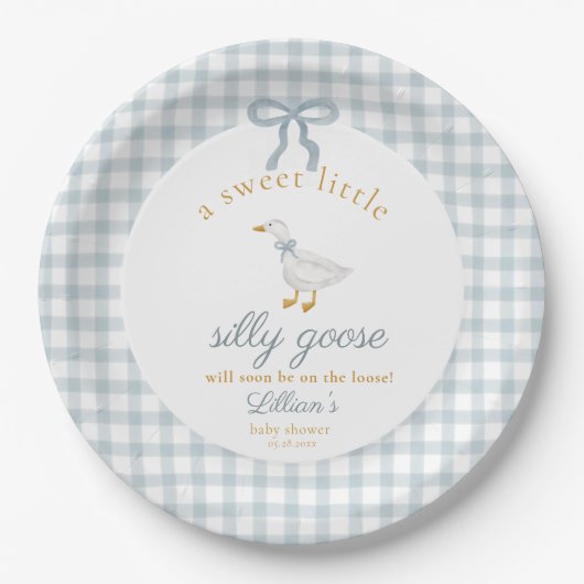 Little Silly Goose Bow Baby Shower Blue Gingham  Pappteller (Vorderseite)