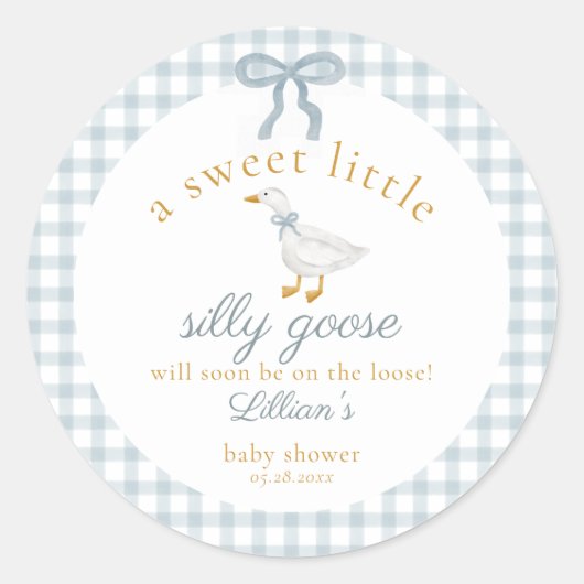Little Silly Goose Bow Baby Shower Blue Gingham  Runder Aufkleber (Vorderseite)