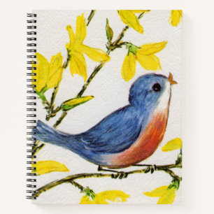 Little Singing Red and Blue Bird in Tree Blume Notizblock