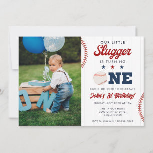 Little Slugger Baseball 1. Geburtstagsfoto Einladung