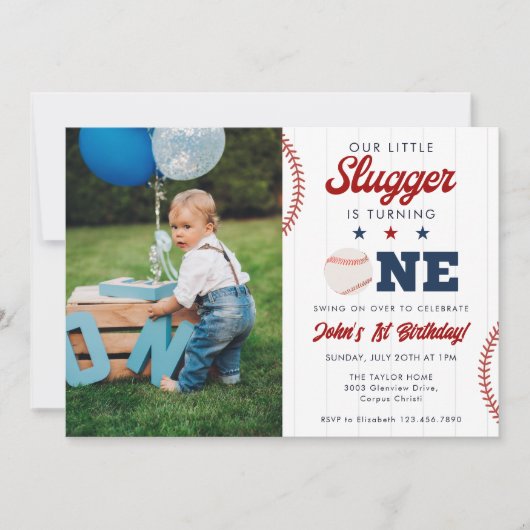 Little Slugger Baseball 1st Birthday Photo Einladung (Vorderseite)