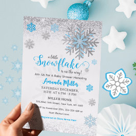 Little Snow Flake Blue Silver Glittery Baby Shower Einladung