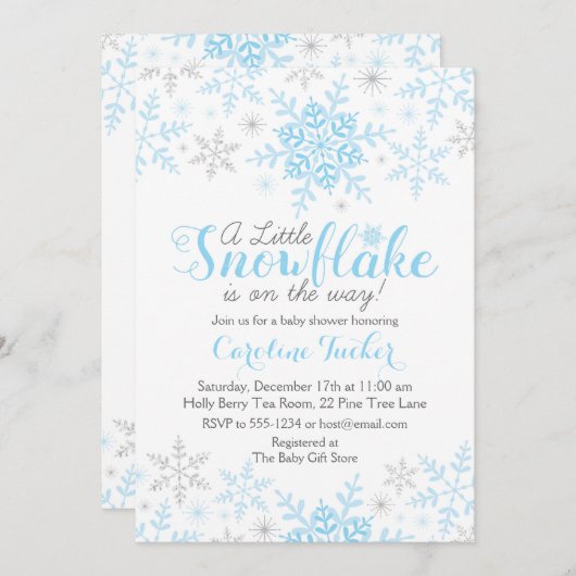 Little Snowflake Baby Boy Dusche Blue Silver Einladung (Vorne/Hinten)