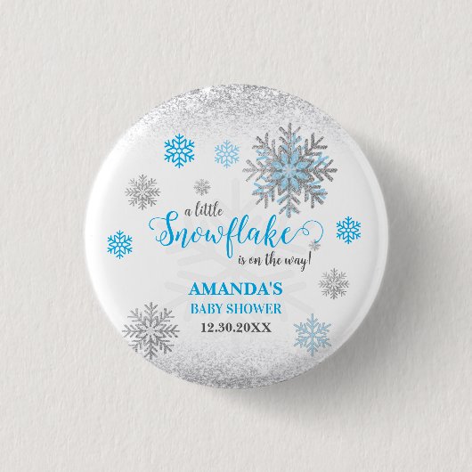 Little Snowflake Blue Silver Glittery Baby Shower Button (Vorderseite)