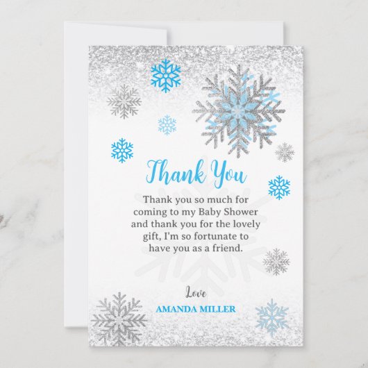 Little Snowflake Blue Silver Glittery Baby Shower  Dankeskarte (Vorderseite)