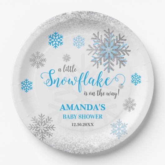 Little Snowflake Blue Silver Glittery Baby Shower Pappteller (Vorderseite)