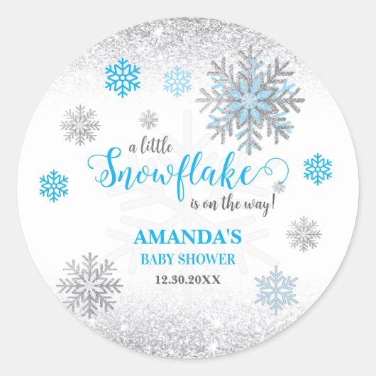 Little Snowflake Blue Silver Glittery Baby Shower Runder Aufkleber (Vorderseite)